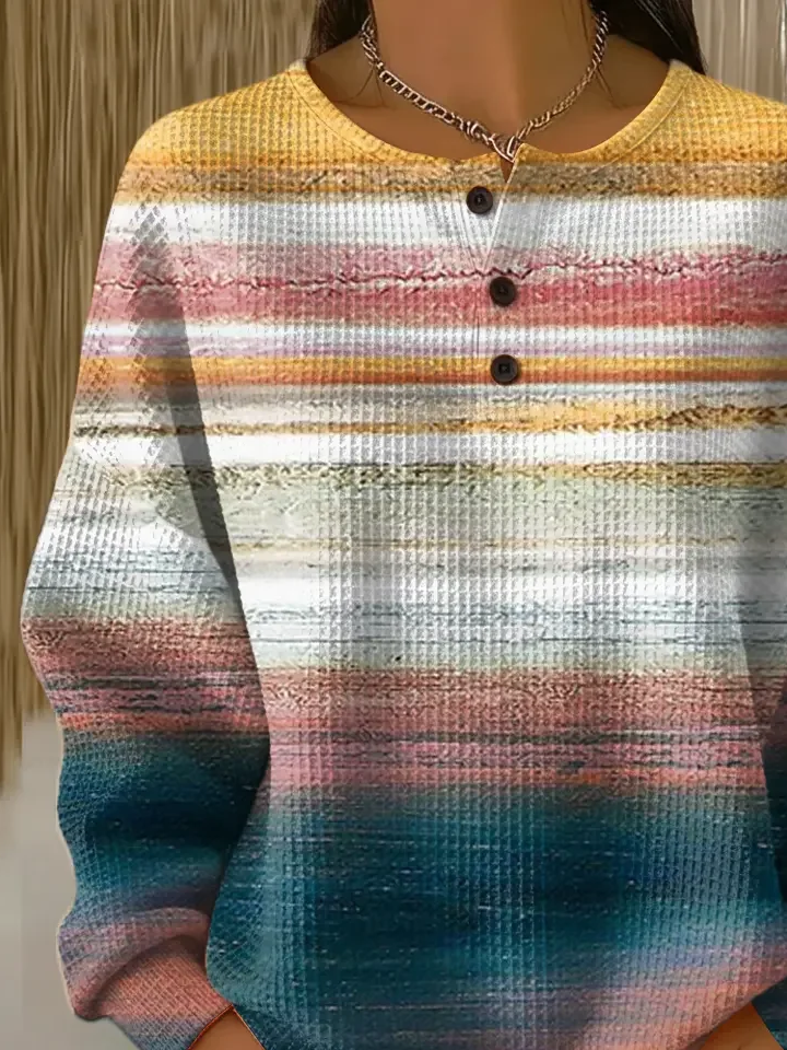 Women's Abstract Print Button-Up Casual Waffle Knit Sweatshirt