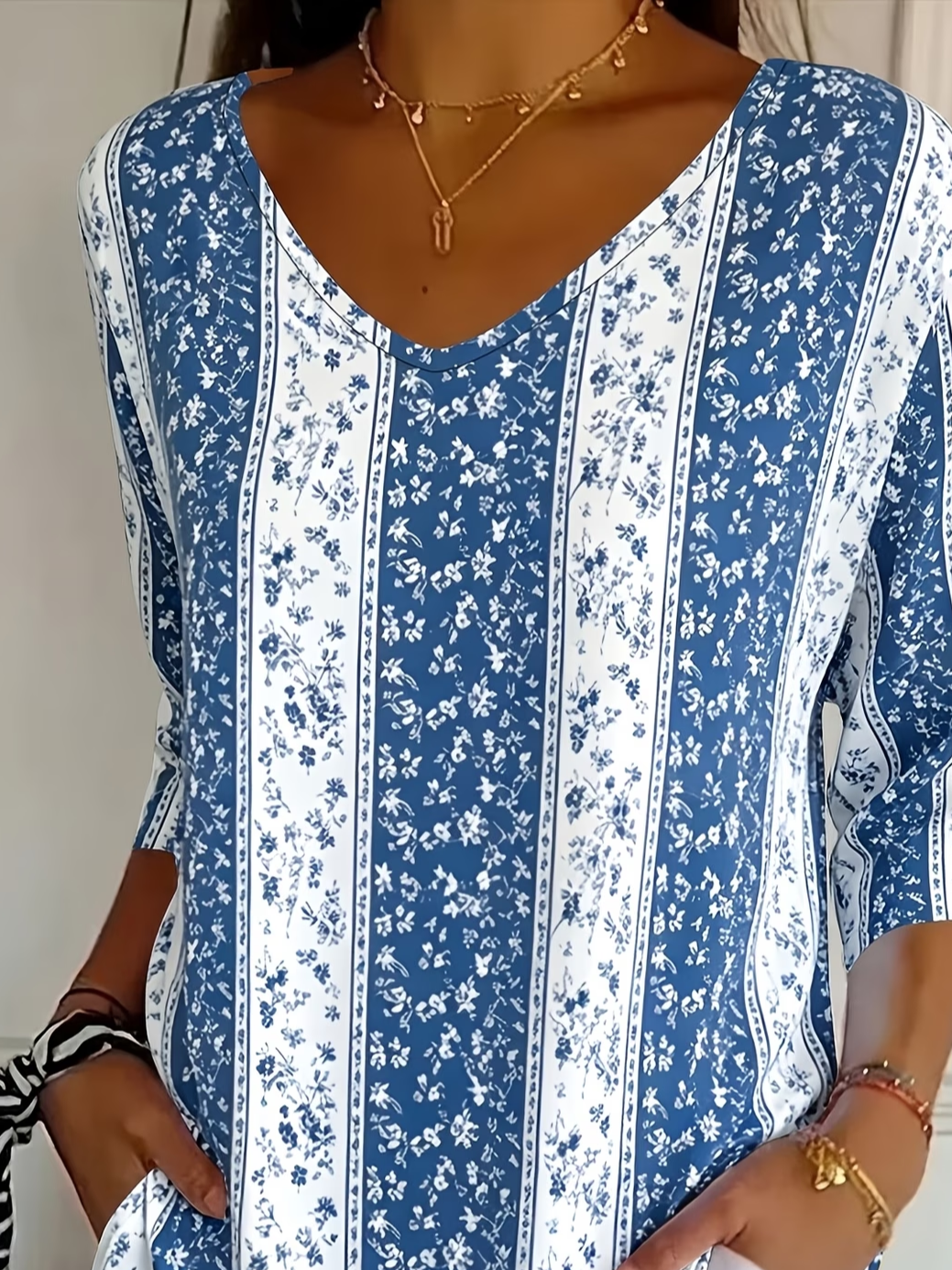 Women's Three Quarter Sleeve T-shirt Spring/Fall Blue Floral Printing V Neck Daily Going Out Casual Top