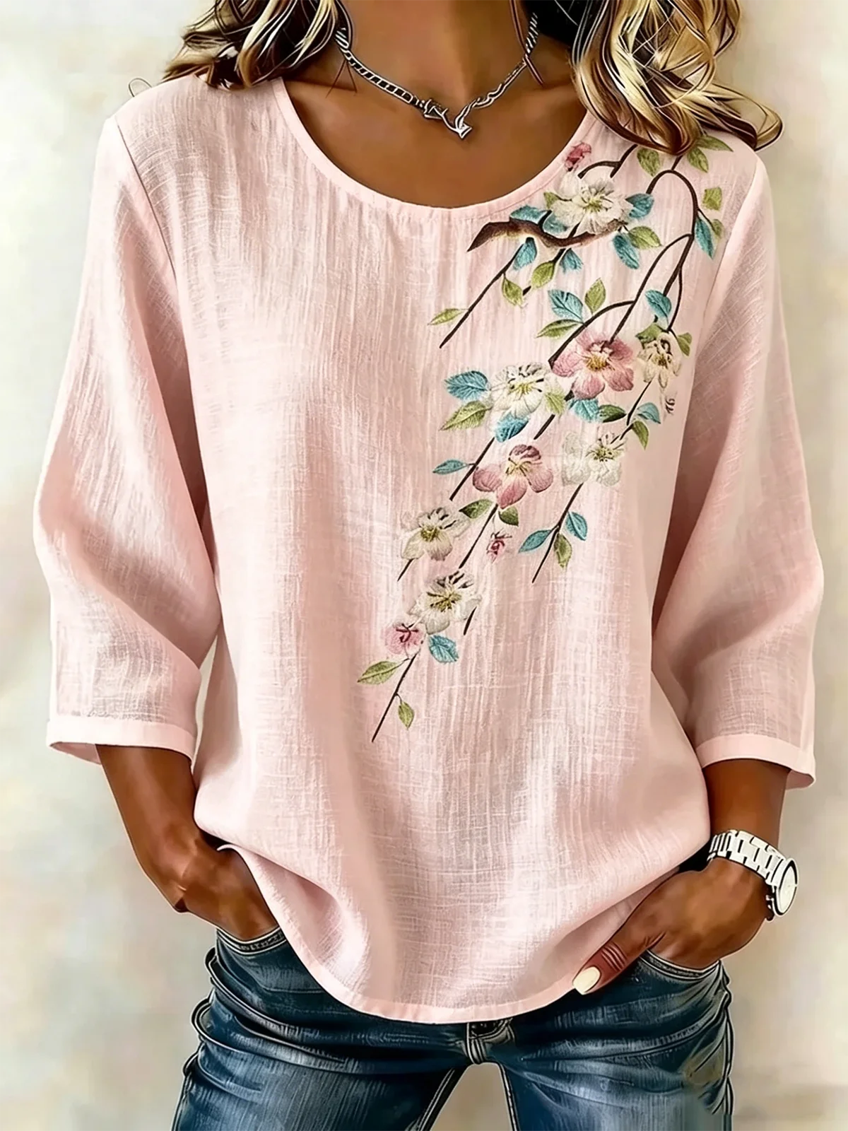 Women’s White Floral Bird Print 3/4 Sleeve Round Neck Boho Blouse
