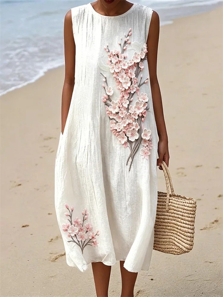 Classy Cherry Blossom Flowy Linen Tank Dress