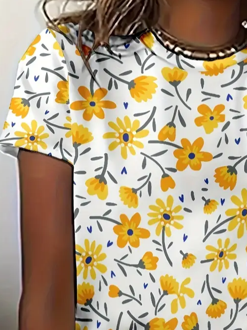 Women's Floral Spring Print Crew Neck Short Sleeve T-Shirt