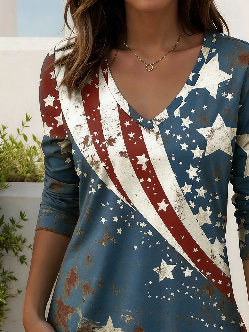 Cotton Independence Day V Neck Casual T-Shirt