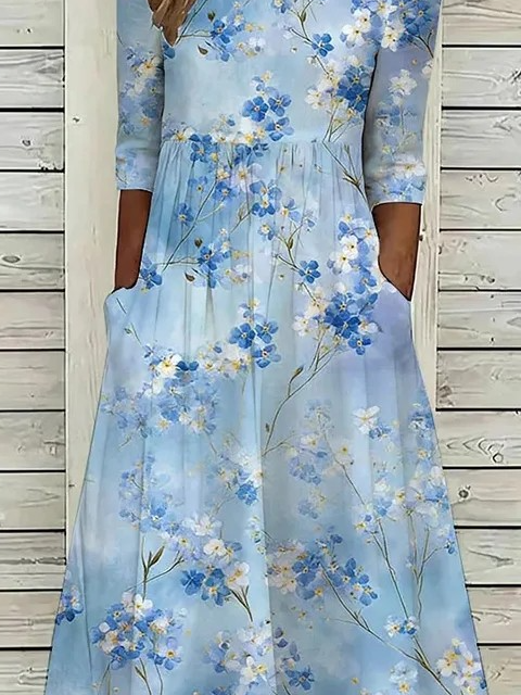 Elegant Crew Neck Floral Dress With No
