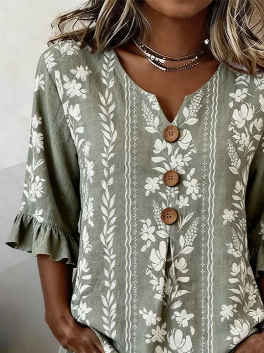 Women's Half Sleeve Blouse Summer Green Floral Printing V Neck Daily Going Out Vintage Top