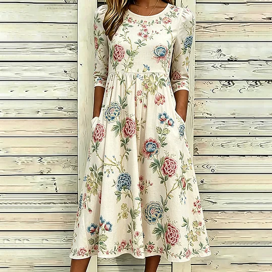 Elegant Loose Crew Neck Cotton-Blend Dress With No