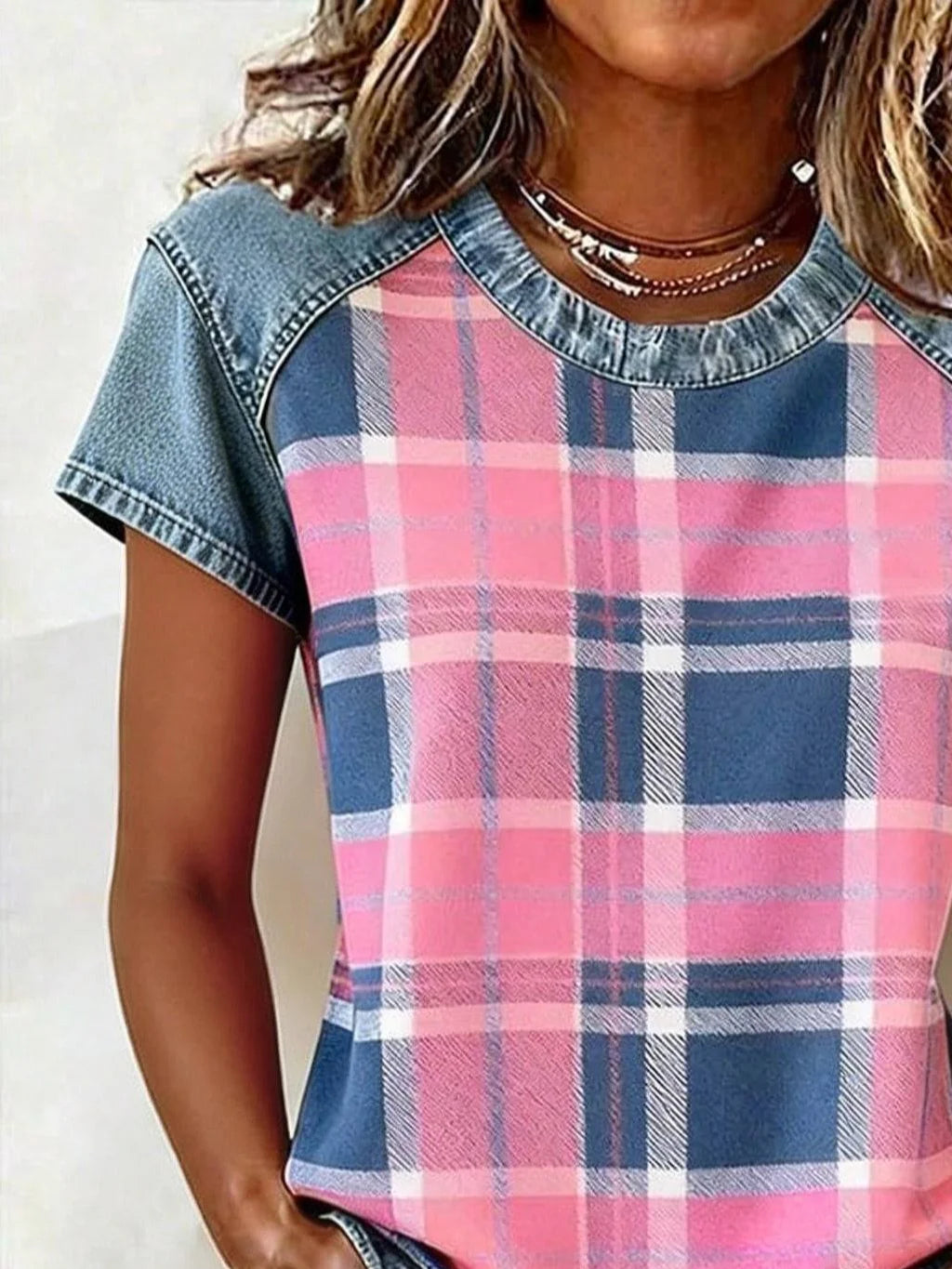 Women's Denim Patchwork Short Sleeve T-shirt Summer Pink Plaid Printing Crew Neck Daily Going Out Vintage Top