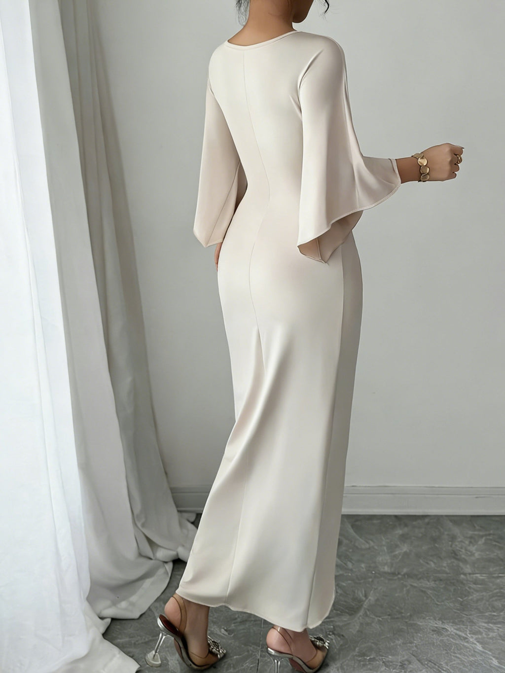 Elegant Slit V NECK Flared Sleeves Knot Tight Maxi Dress