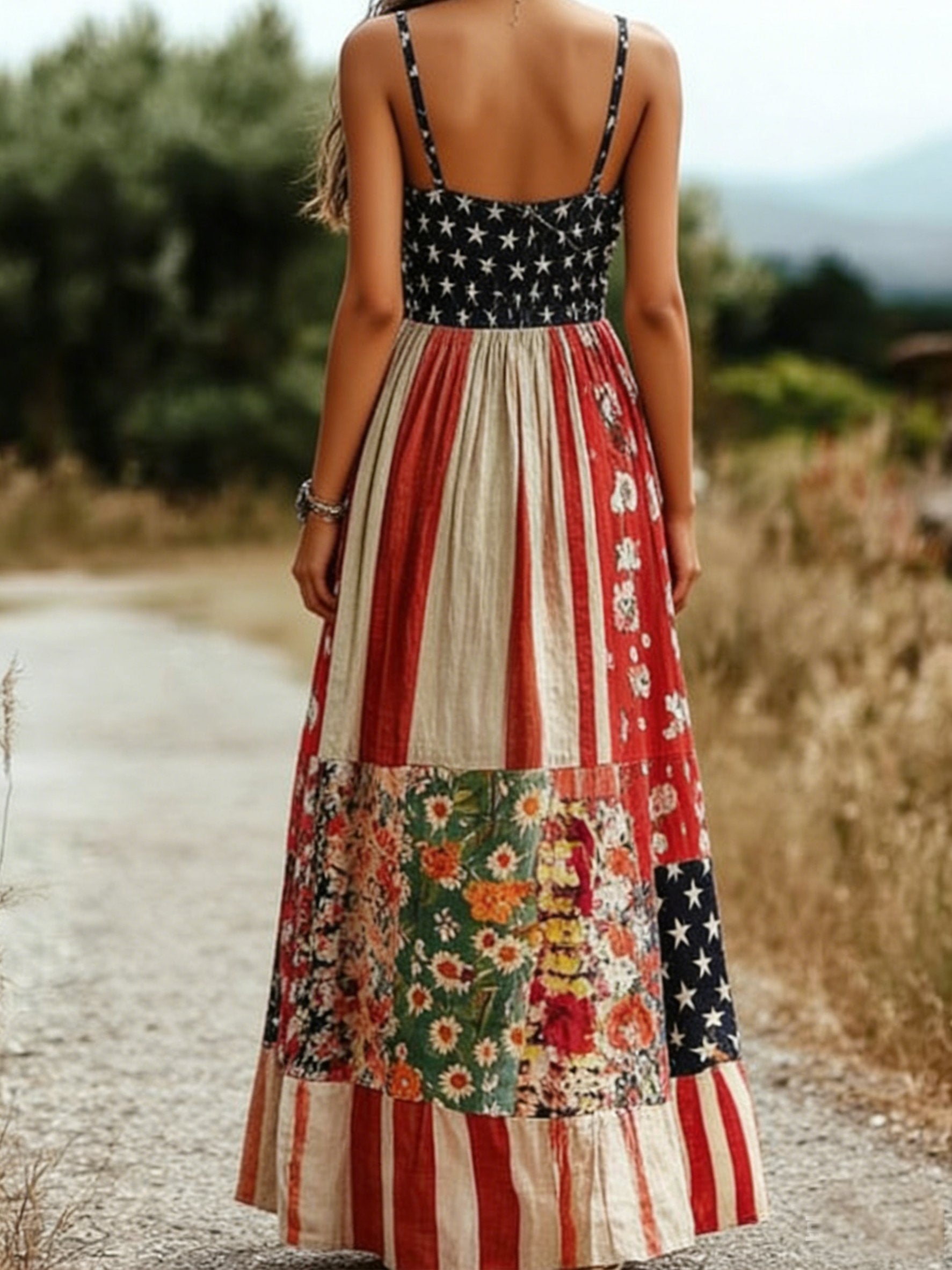 Women Floral America Flag Summer Dress V Neck Sleeveless A-Line Dress
