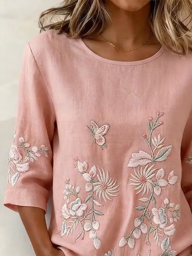 Women's Half Sleeve Blouse Summer Pink Floral Printing Crew Neck Daily Going Out Vintage Top