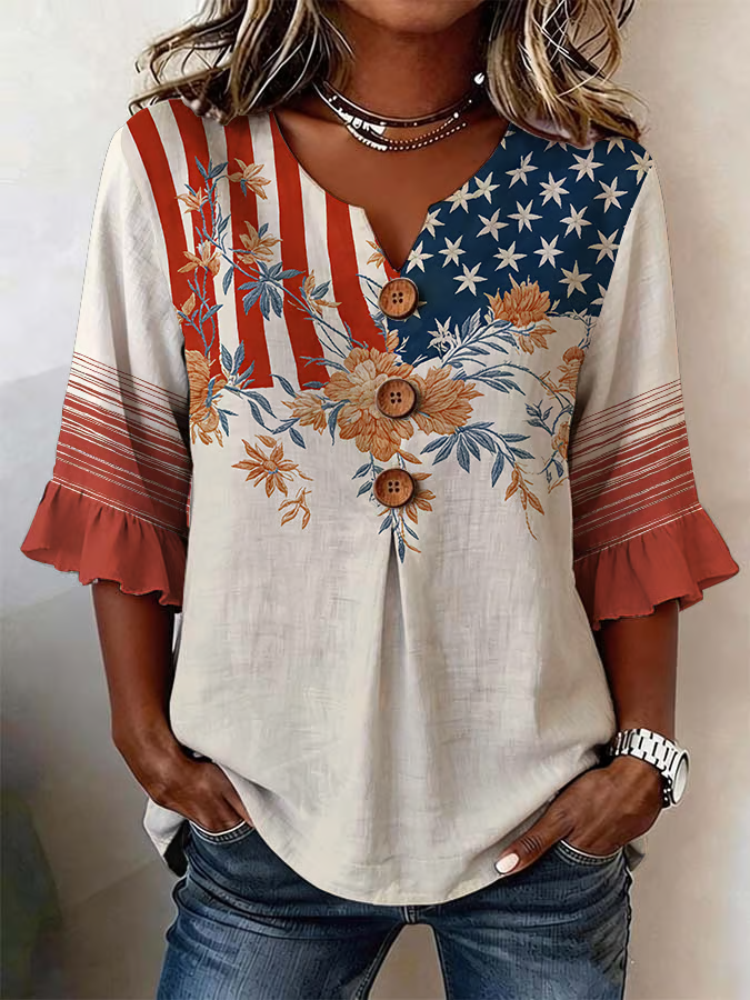 Women's Half Sleeve Blouse Summer As Picture Floral Printing V Neck Daily Going Out Vintage Top