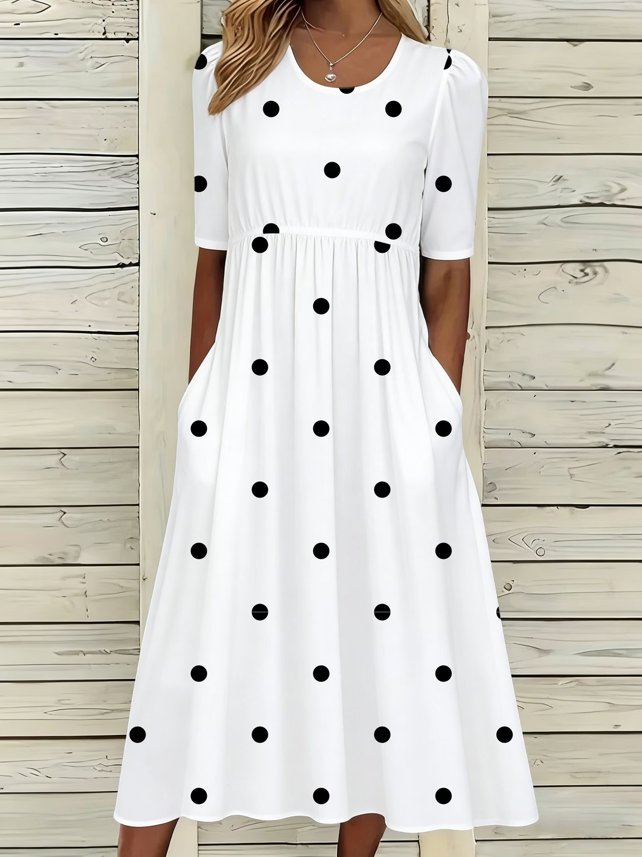 Women's Half Sleeve Summer White Polka Dots Printing Crew Neck Daily Going Out Casual Maxi H-Line Dress