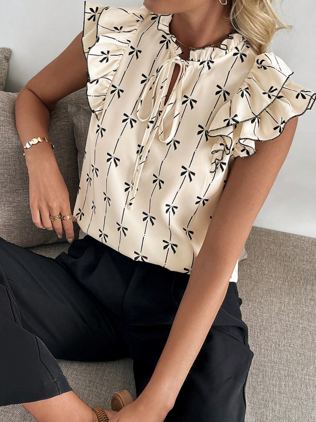 Elegant Bow Print Ruffle Drawstring Regular Fit 3D Printing Crew Neck Going Out Casual Blouse