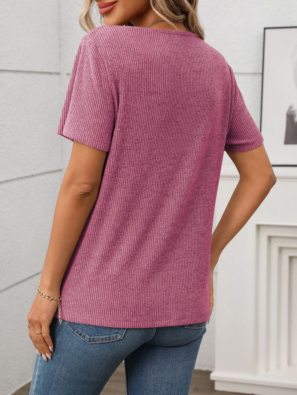 Jersey Ribbing V Neck Button Going Out Summer Casual T-Shirt