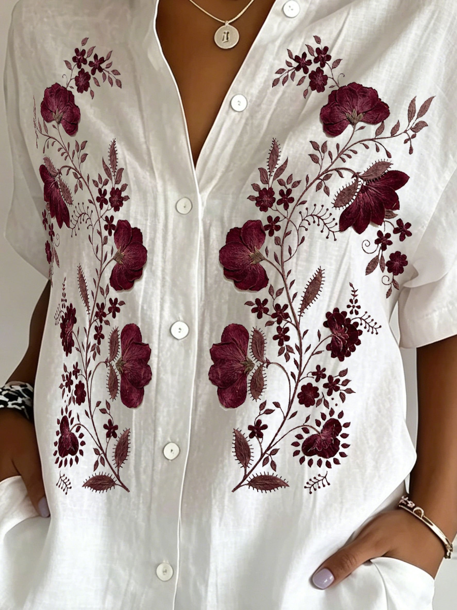 Floral Print Shawl Collar Short Sleeve Linen Blend Casual Shirt
