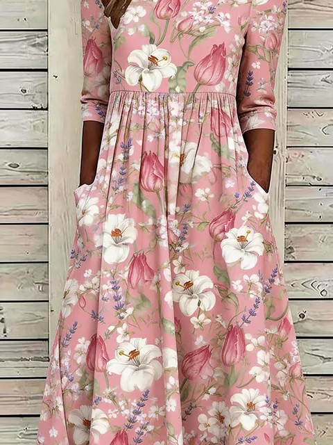 Loose Floral Elegant Crew Neck Dress With No