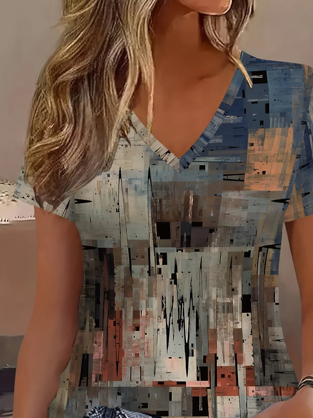 Women's Short Sleeve T-shirt Summer As Picture Abstract Printing V Neck Holiday Going Out Vintage Top