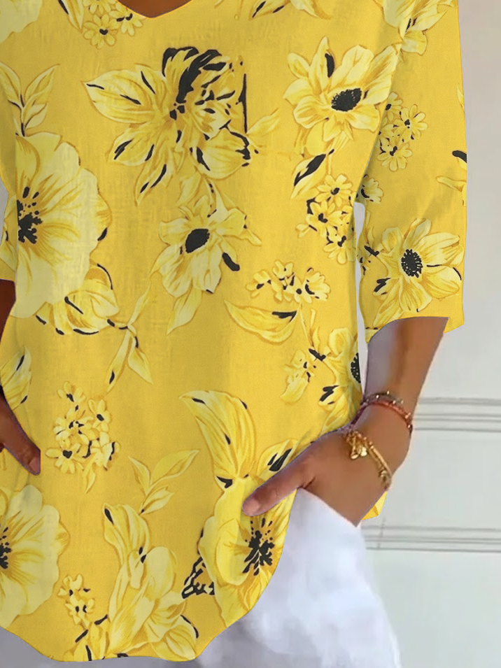 Women's Three Quarter Sleeve T-shirt Spring/Fall Yellow Floral Printing V Neck Daily Going Out Casual Top