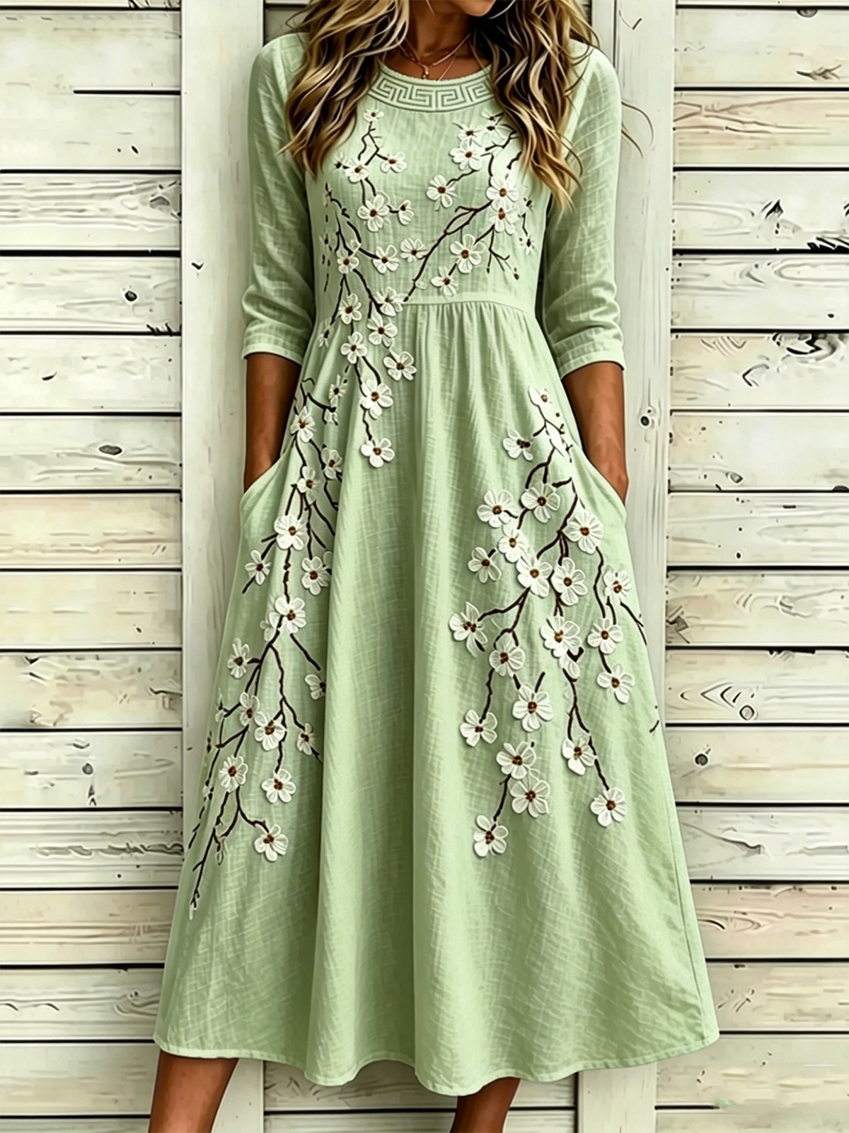 Women’s White Floral Branch Print Boho Cotton Linen Maxi Dress with Short Sleeves