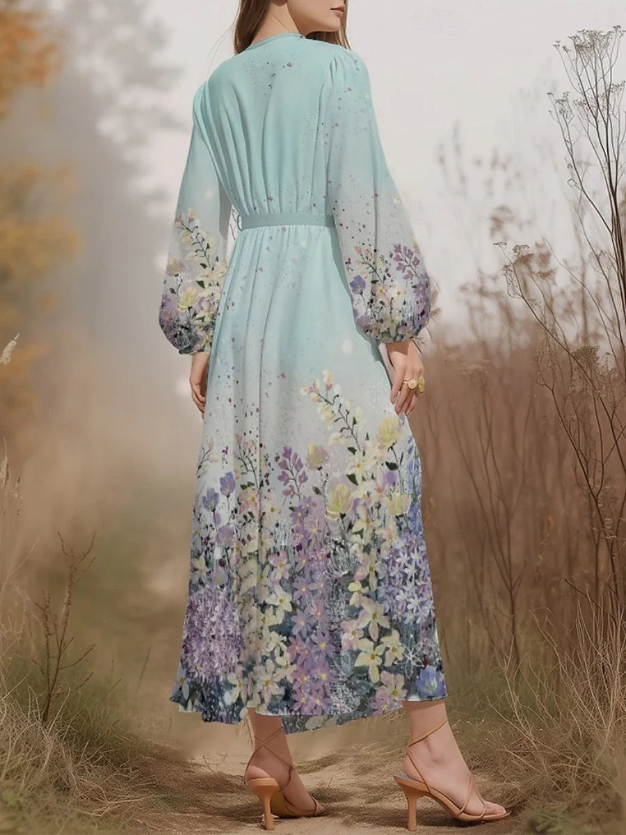 Regular Fit V Neck Puff Sleeve Floral Simple Dress