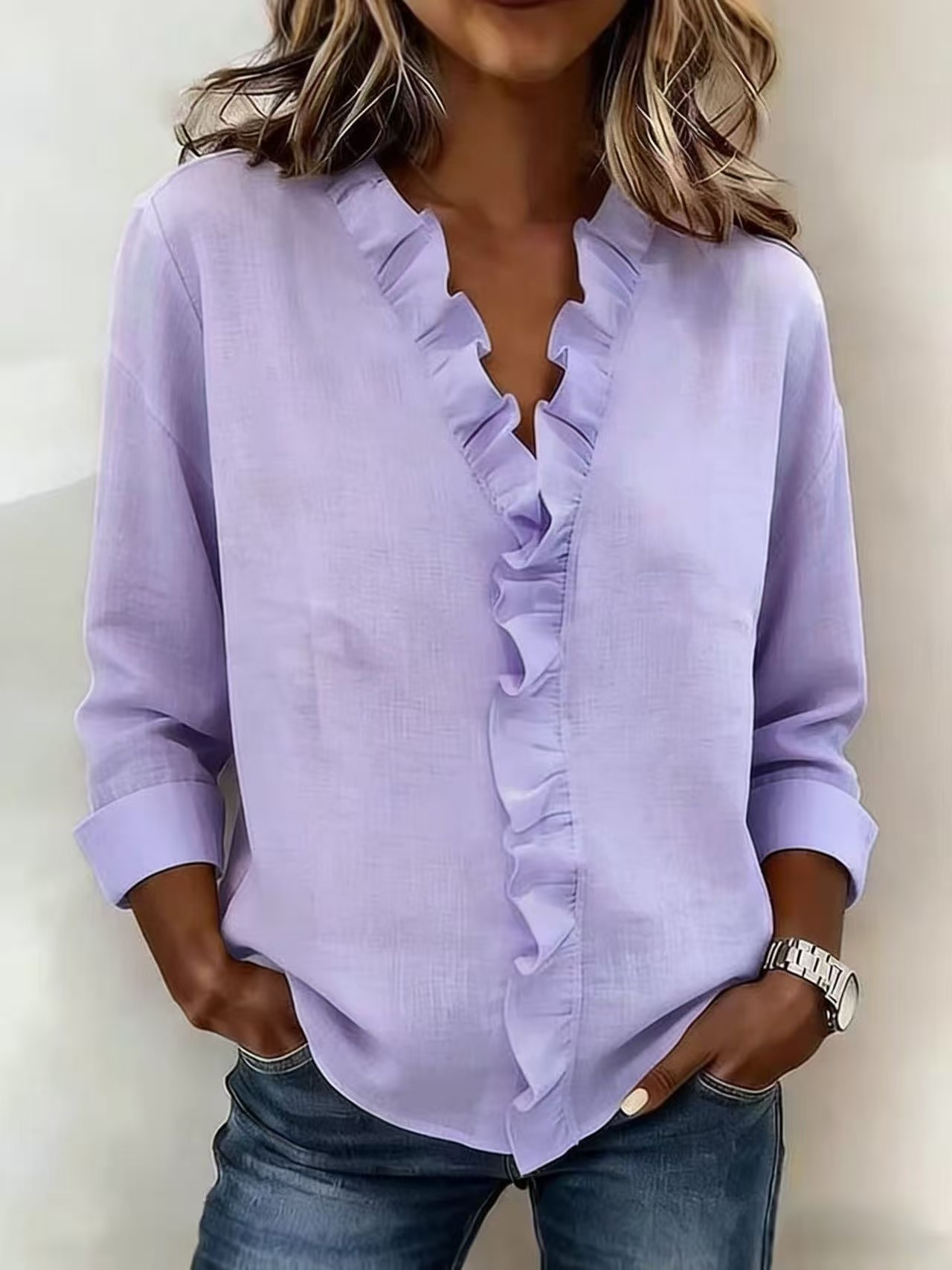 Women's Solid Color V-Neck Blouse with Ruffle Trim Long Sleeve Casual Top