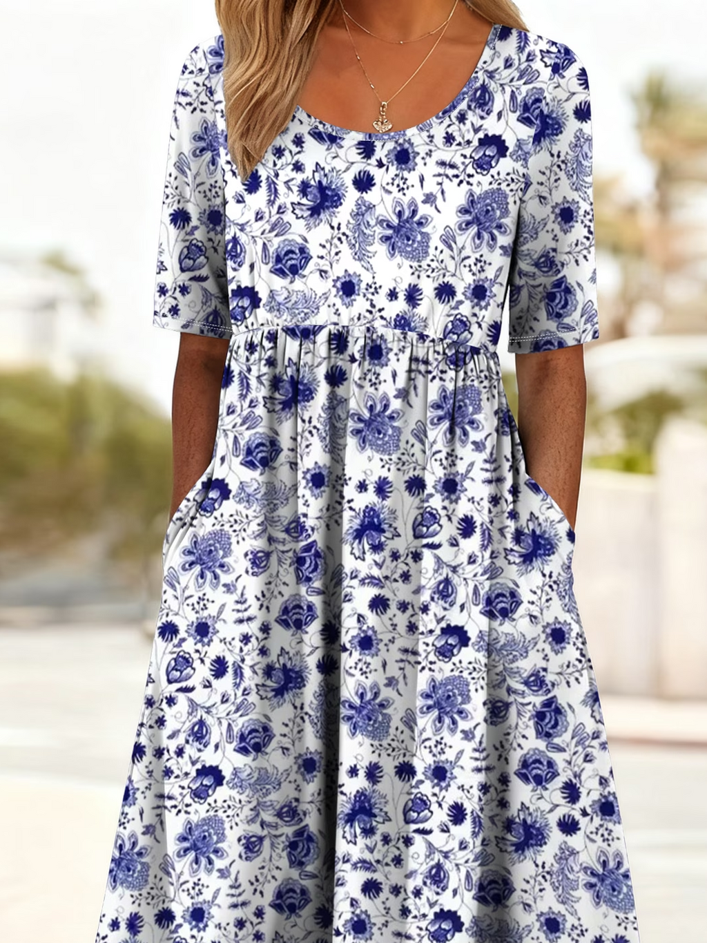 Women's Short Sleeve Summer Blue Floral Printing Crew Neck Daily Going Out Casual Maxi H-Line Shift Dress Dress