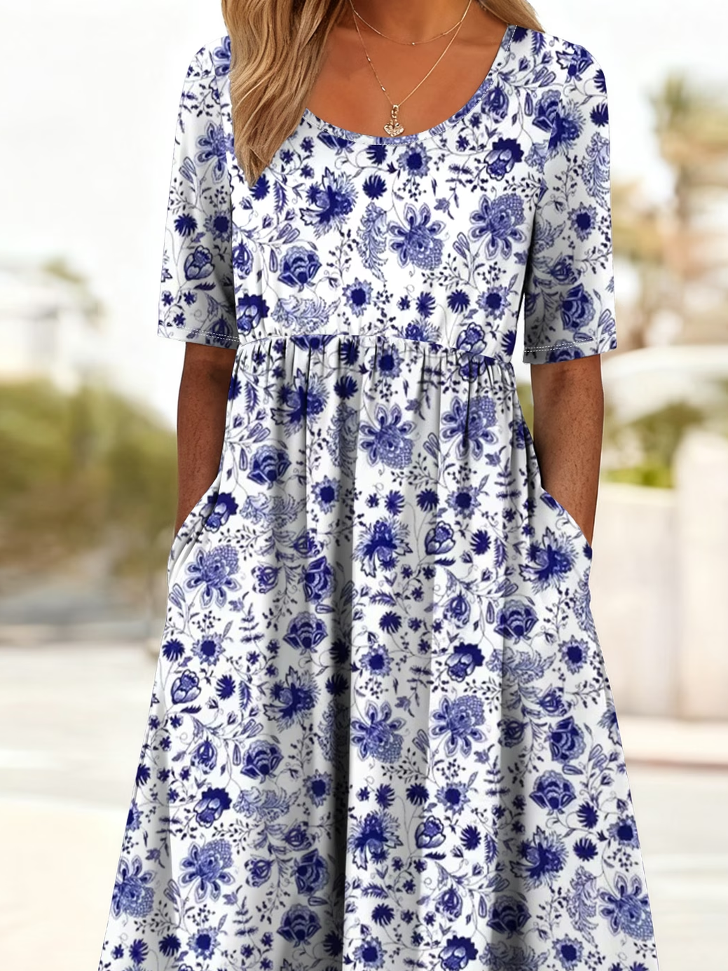 Women's Short Sleeve Summer Blue Floral Printing Crew Neck Daily Going Out Casual Maxi H-Line Shift Dress Dress