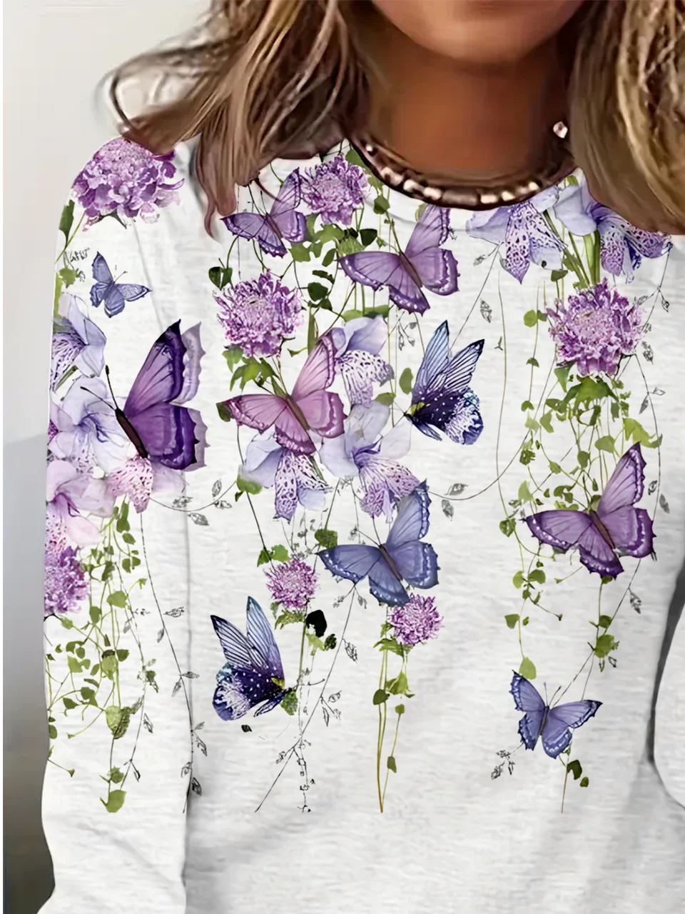 Women Simple Butterfly Spring/Fall Daily Loose Jersey Crew Neck H-Line Regular T-shirts