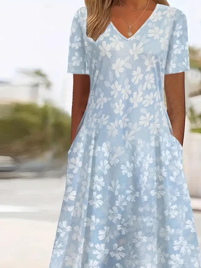 Crew Neck Casual Floral Dress With No