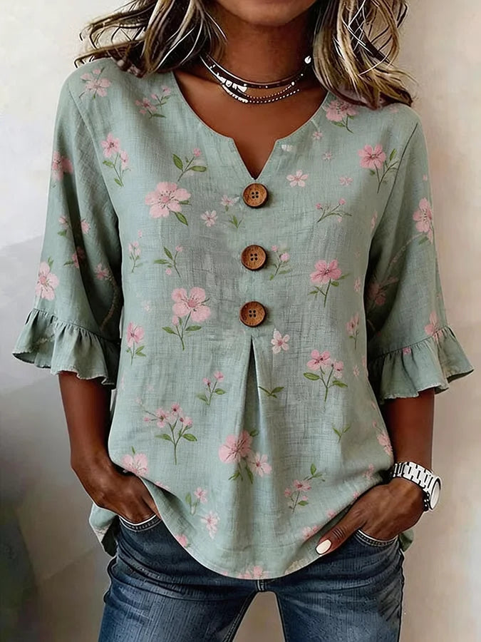 Women's Half Sleeve Blouse Summer Green Floral Printing V Neck Daily Going Out Vintage Top