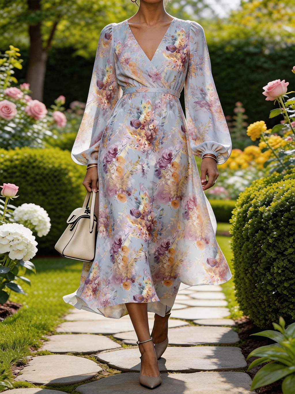 Elegant Loose Balloon Sleeve Floral Dress With No