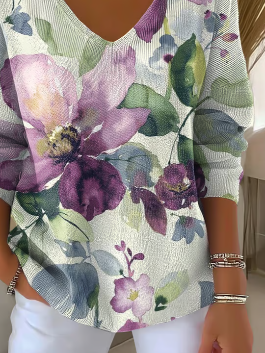 Women's Long Sleeve T-shirt Spring/Fall As Picture Floral Printing V Neck Daily Going Out Casual Top