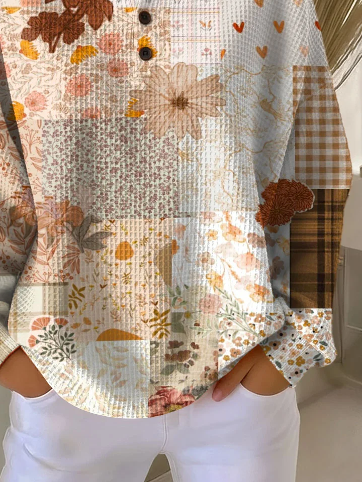 Women's Flowers Print Button-Up Casual Waffle Knit Sweatshirt