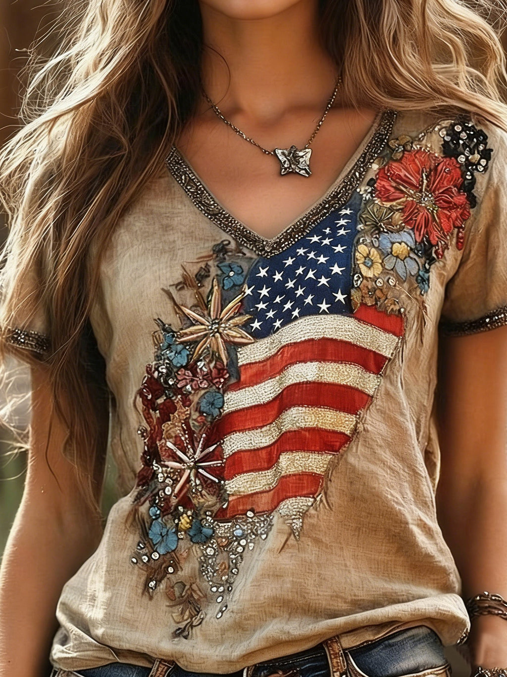 250th Anniversary V Neck America Flag Roes Summer Linen Look Vintage Casual T-Shirt
