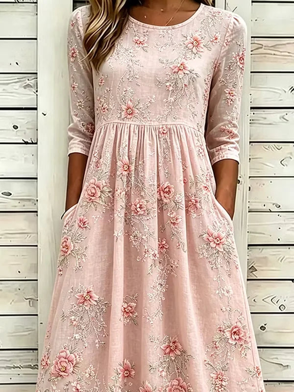 Women's Half Sleeve Summer Pink Floral Printing Crew Neck Daily Going Out Casual Maxi H-Line Dress