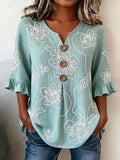 Women's Half Sleeve Blouse Summer Cyan Floral Printing V Neck Daily Going Out Vintage Top