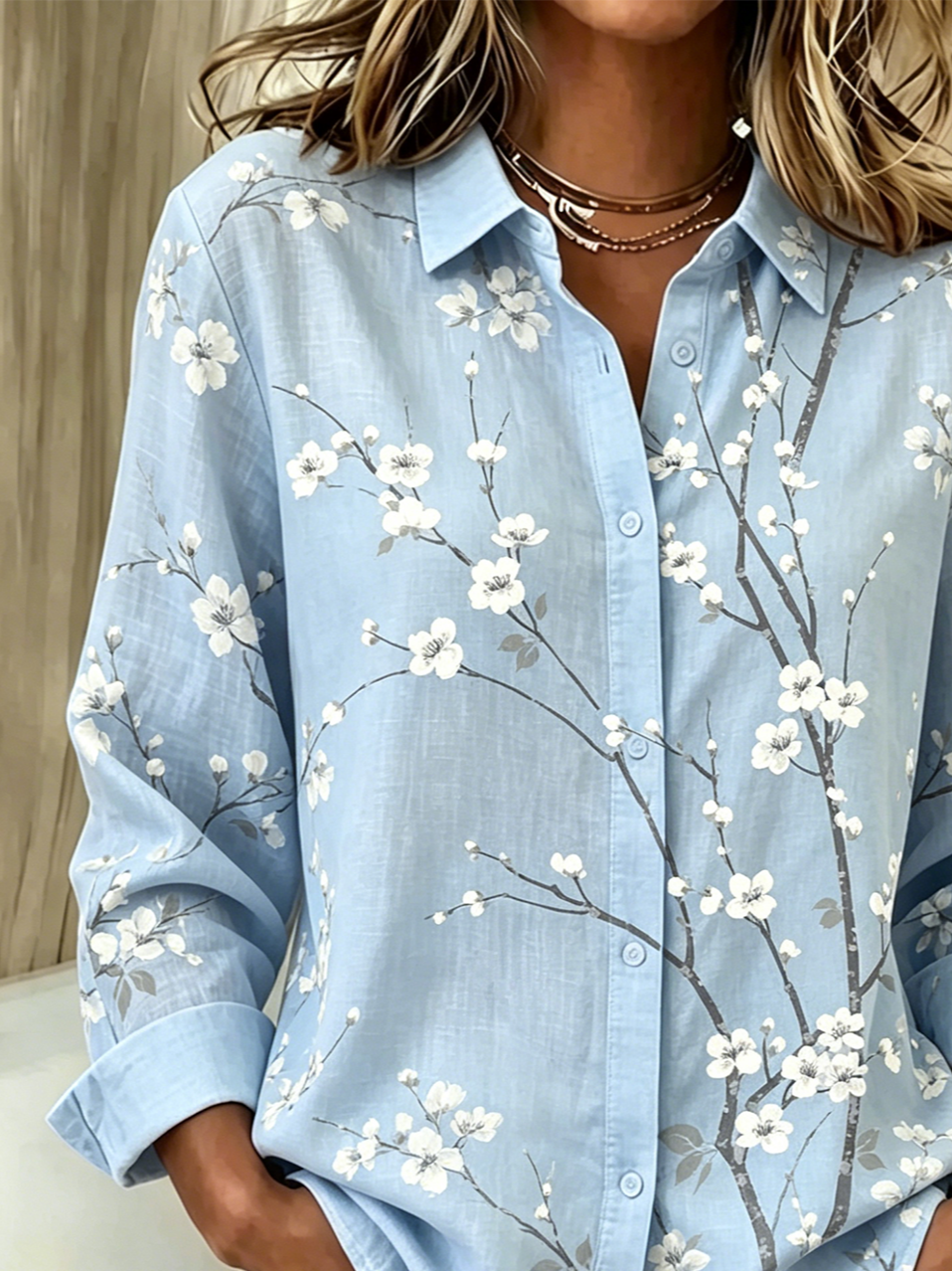 Loose Shirt Collar Botanical Pattern Simple Shirt