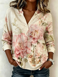 Women's Long-Sleeve Vintage Floral Cotton-Linen Blouse
