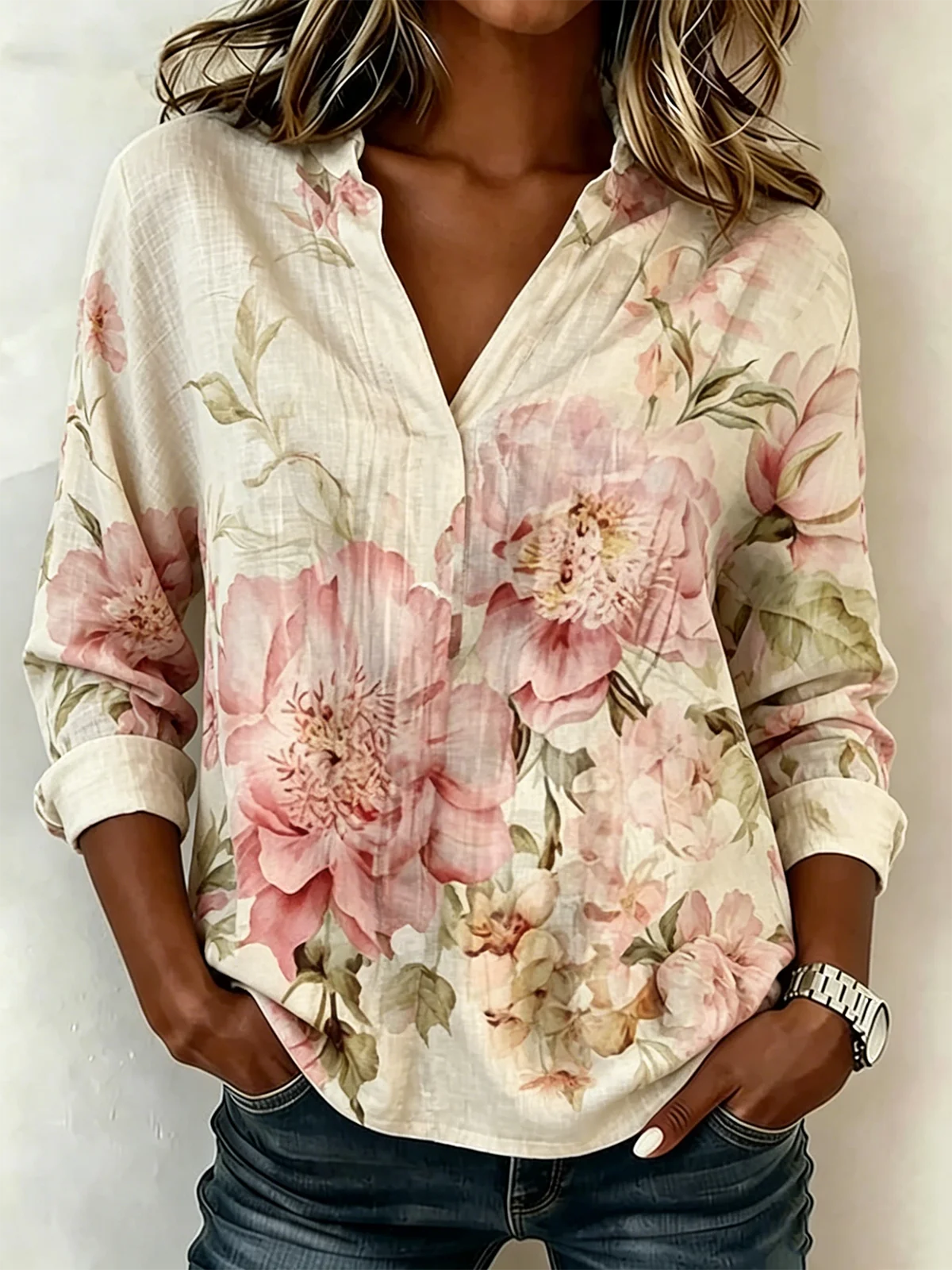Women's Long-Sleeve Vintage Floral Cotton-Linen Blouse