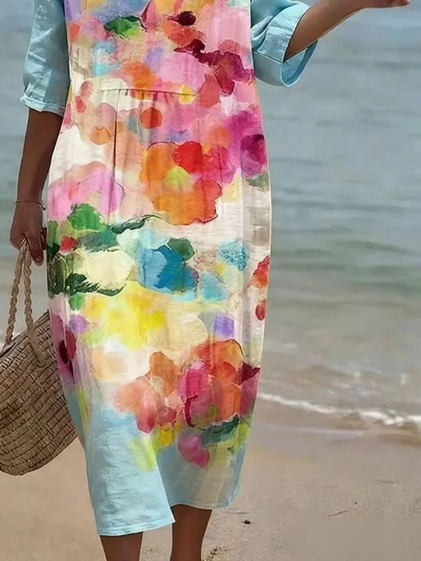 Others Linen Blend Vintage Gradient Pattern Dress With No