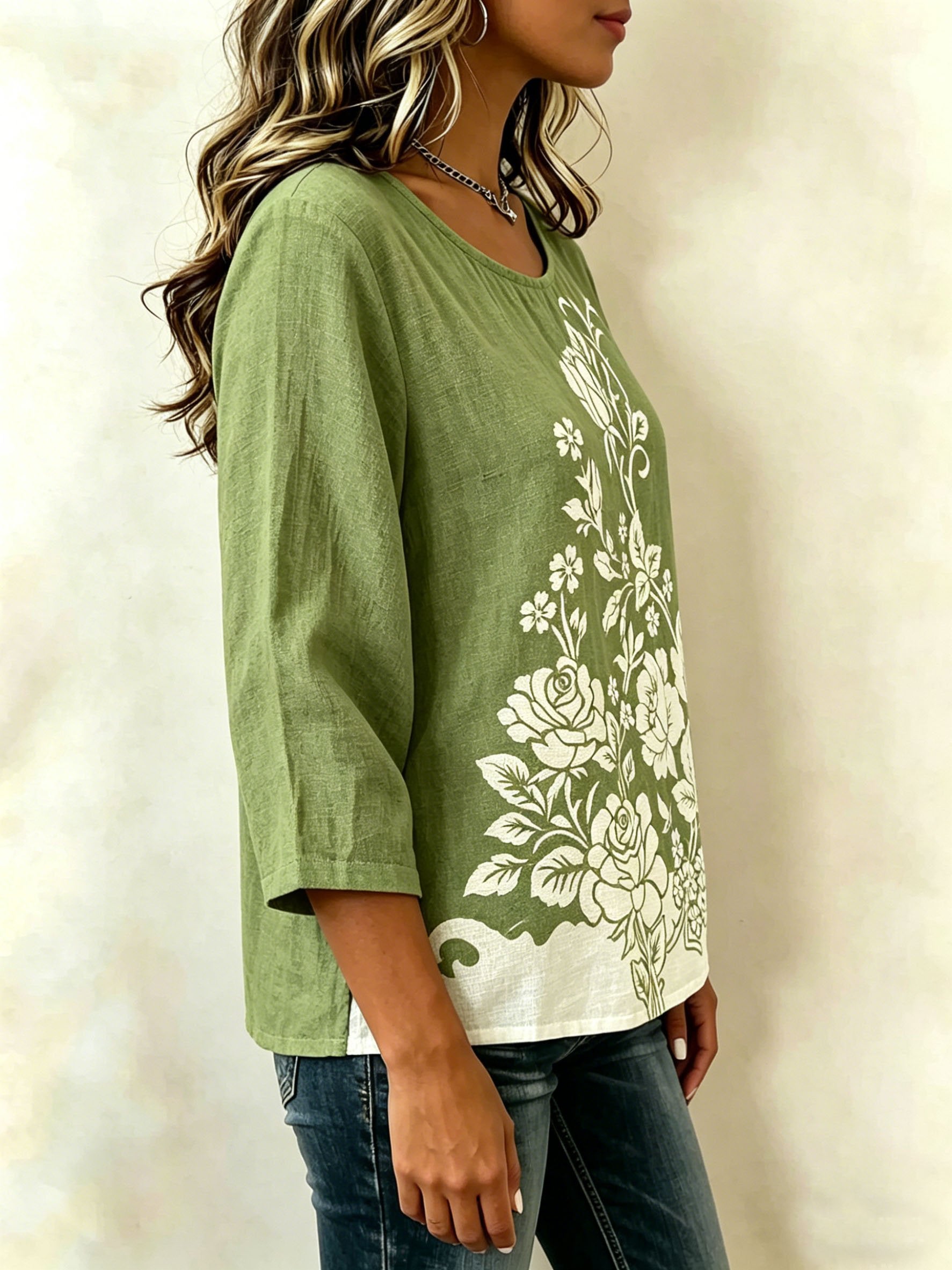 Vintage Botanical Pattern Round Neck Short Sleeve Daily Going Out Casual Top