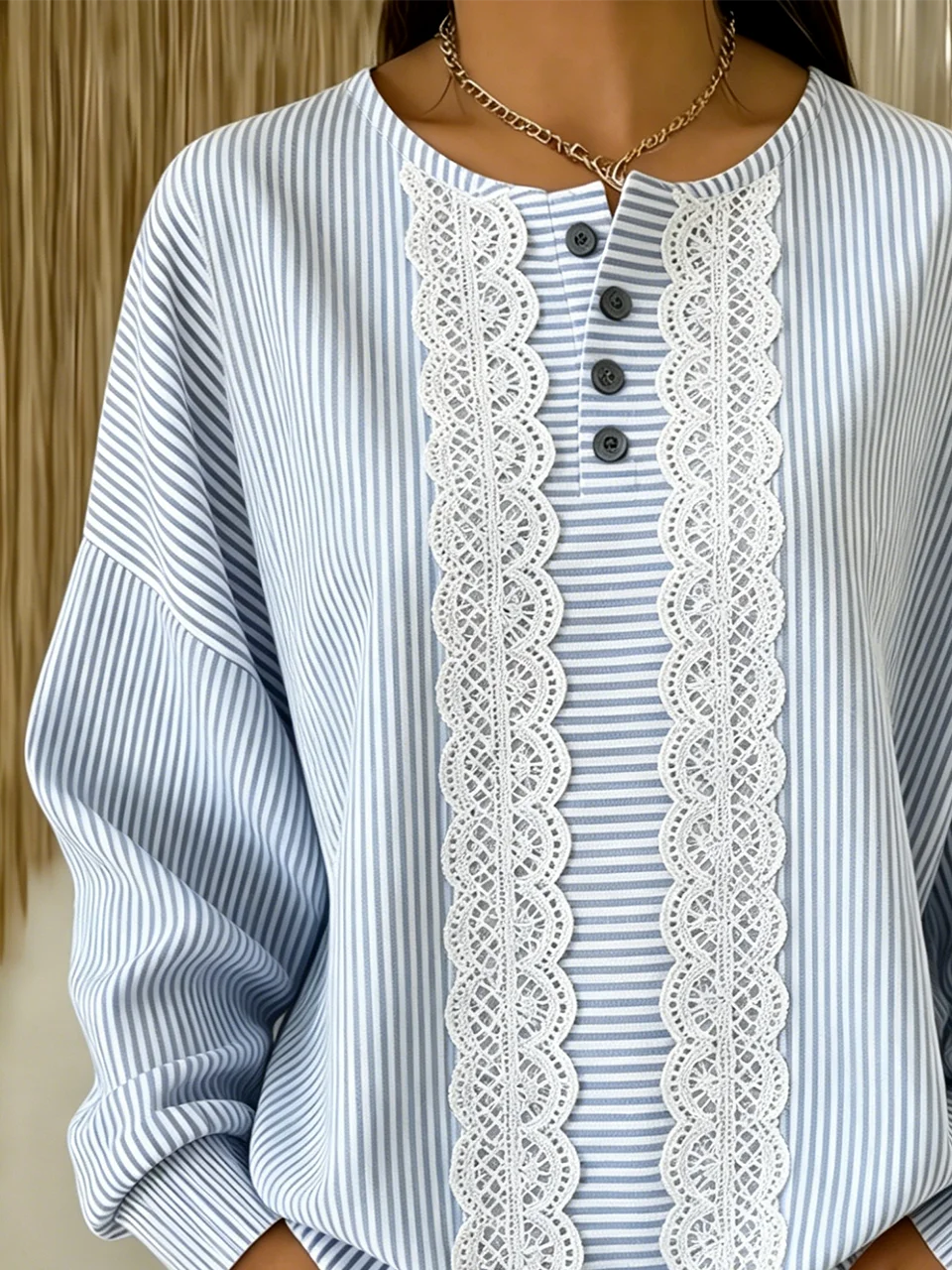 Women's Lightweight Striped Lace Print Henley Long Sleeve Sweatshirt