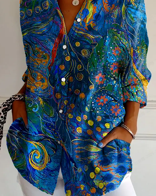 Women's Abstract Print Button Front Long Sleeve Shirt