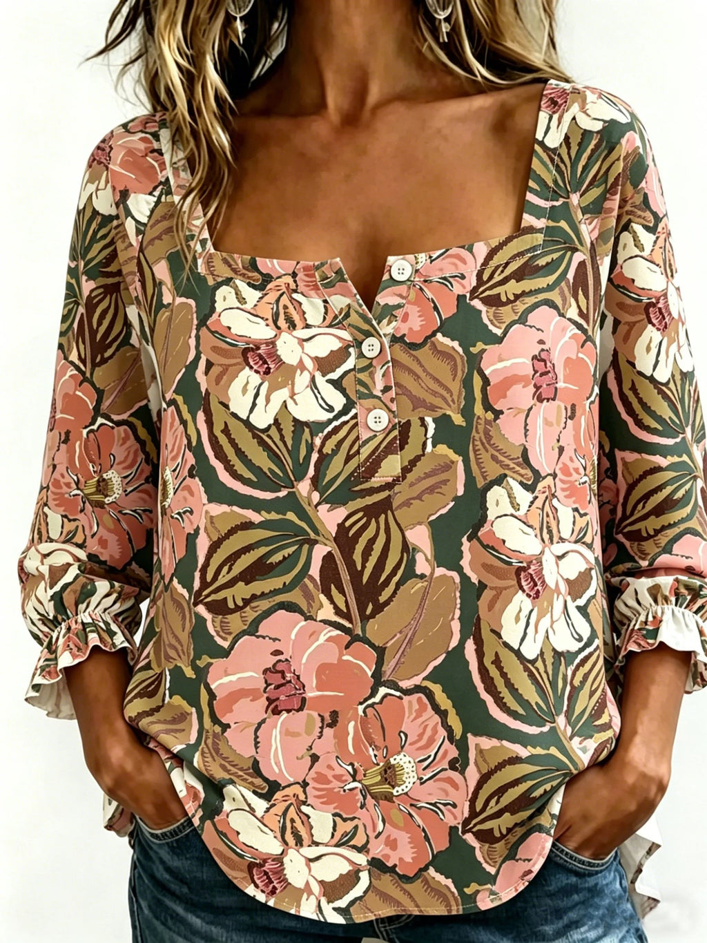 Women's Three Quarter Sleeve Blouse Spring/Fall As Picture Floral Printing Square Neck Daily Going Out Vintage Top
