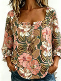 Women's Three Quarter Sleeve Blouse Spring/Fall As Picture Floral Printing Square Neck Daily Going Out Vintage Top