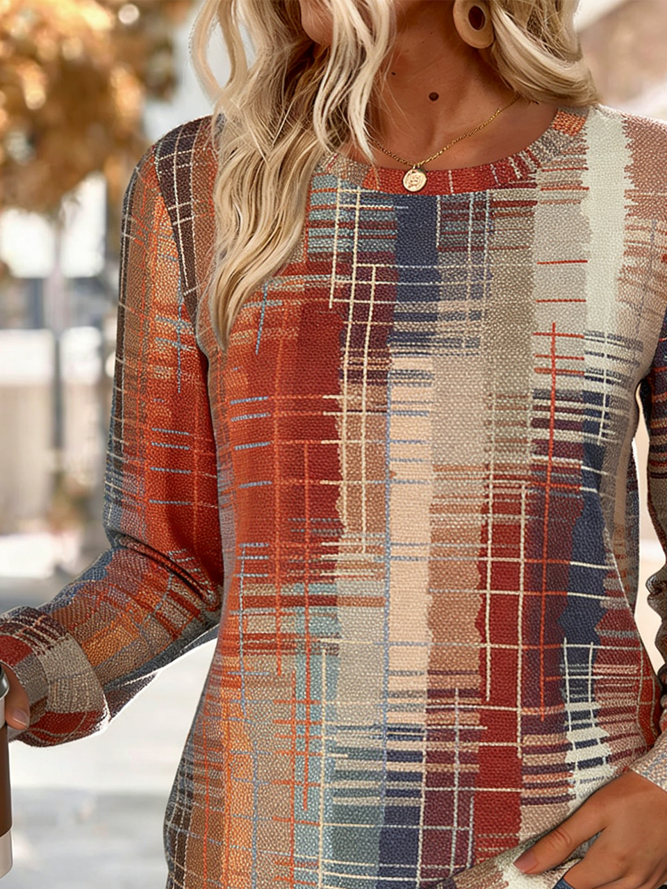 Crew Neck Plaid Loose Simple Sweatshirt