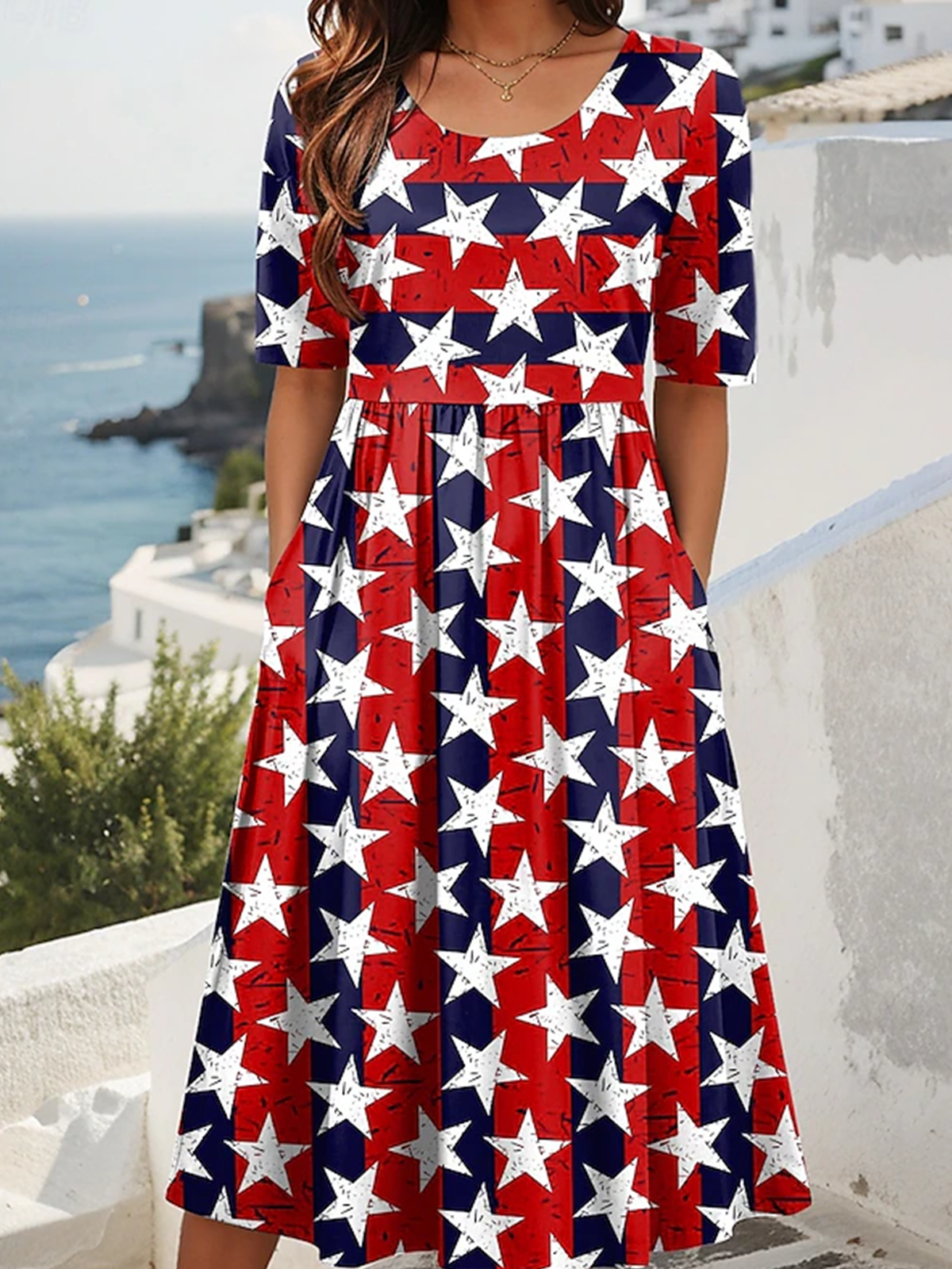 Crew Neck Regular Fit America Flag Casual Dress With No