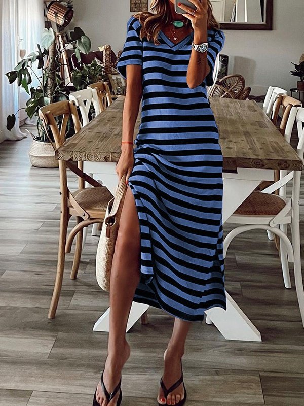 Women's Short Sleeve Summer White Striped Split Joint V Neck Daily Going Out Casual Maxi A-Line T-Shirt Dress Dress