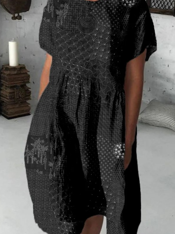Japanese Traditional Sashiko Art Linen Blend Midi Dress