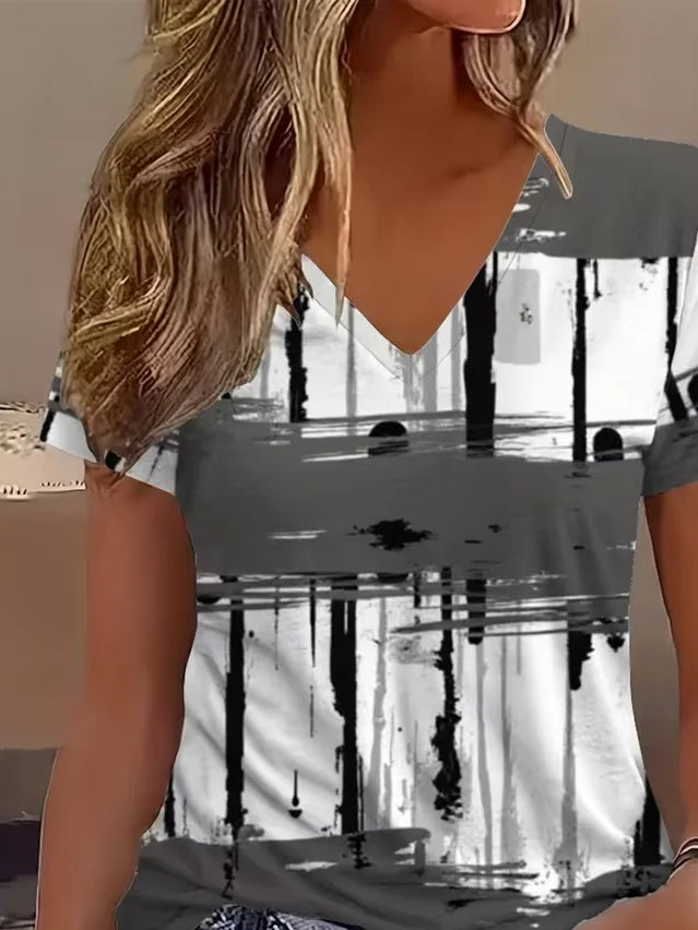 Women's Short Sleeve T-shirt Summer Gray Abstract Printing V Neck Holiday Going Out Vintage Top