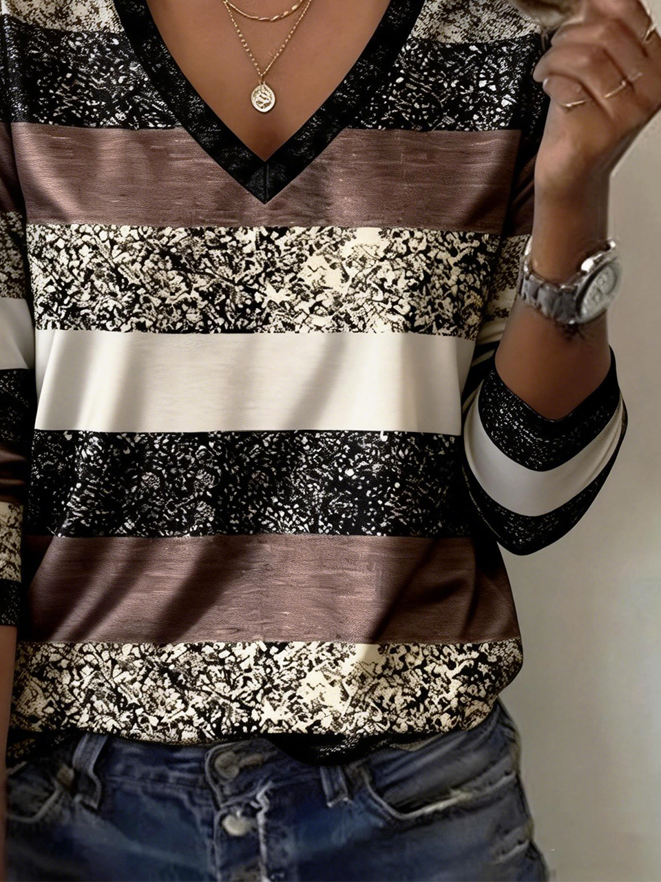 Casual Cotton-Blend Striped T-Shirt